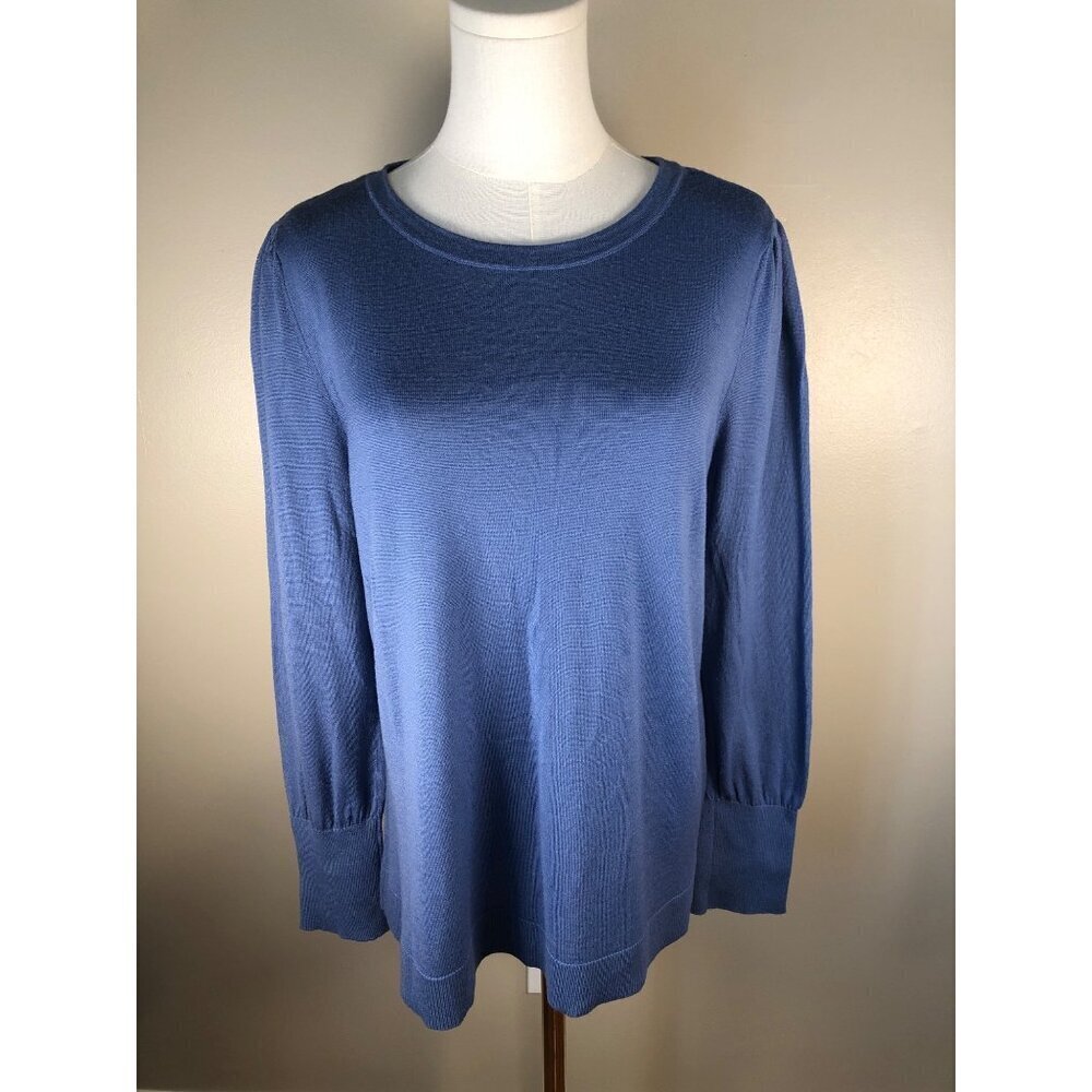 J Jill 100% Merino Wool Washable Long Puff Sleeves Blue Sweater Size L